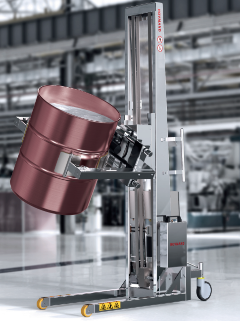 Inox series stainless steel multi-purpose lifter tilting a drum for pharma and food industries