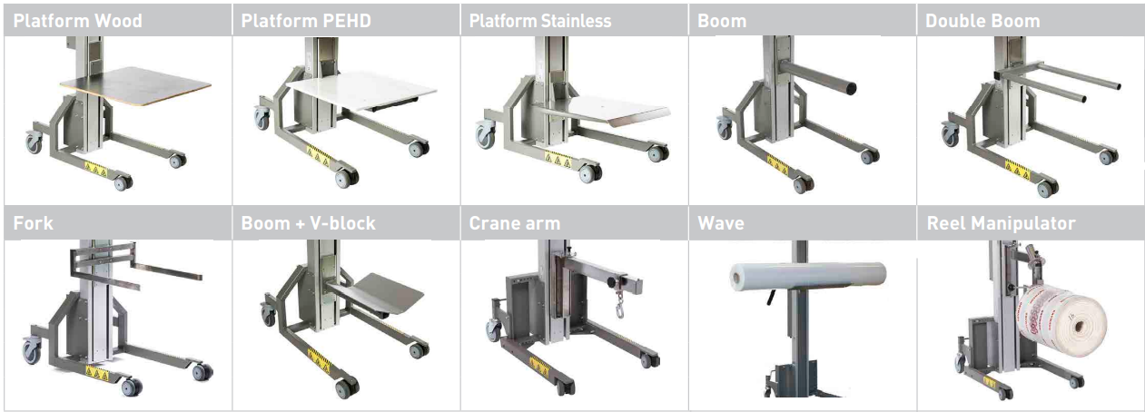 Multi-purpose lifter tooling: wood, PEHD and stainless platforms, boom, double boom, fork, V-block, crane arm, wave and reel manipulator